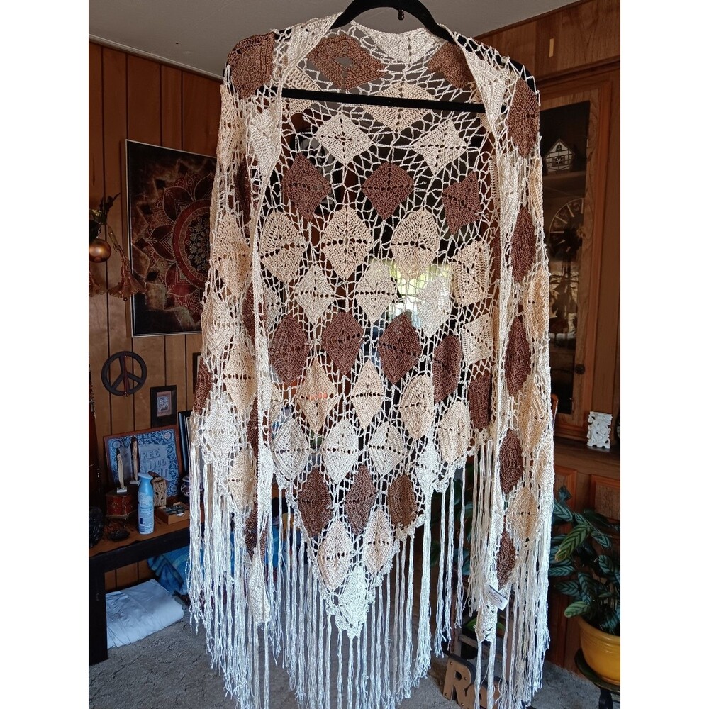 Vintage 1970s Oscar de la Renta Beige Crochet Knit Shawl with Fringe Rayon
